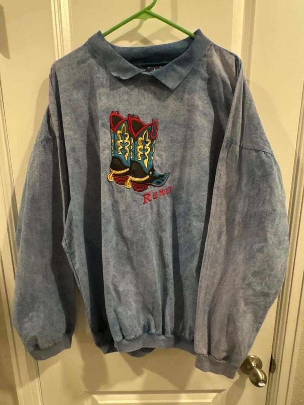 Vintage Oarsman 913 Acid Wash Cowboy Boots Embroidered Long Sleeve Polo LARGE